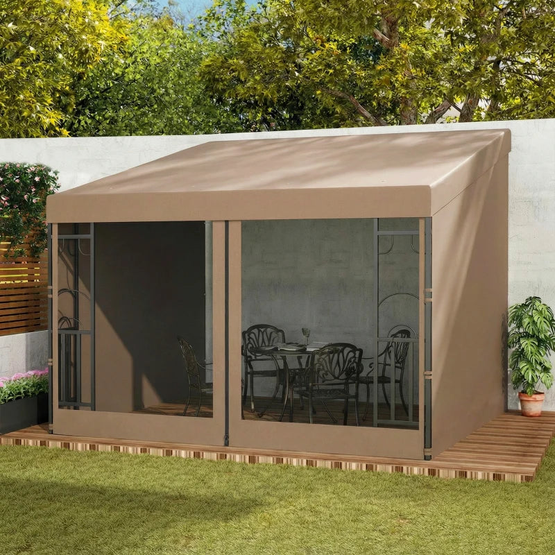 10' x 10' Wall Pergola, Outdoor Gazebo with 2 Curtains and 2 Nettings, UV Resistant, for Patio, Deck, Khaki