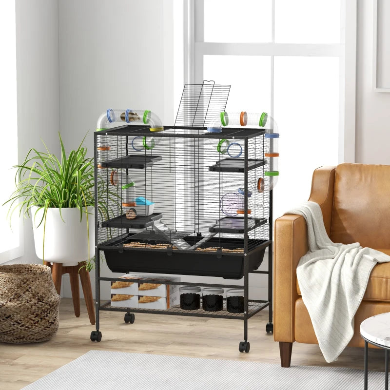 43" Rolling Hamster Cage with Tunnel Tube System, Storage Shelf, Exercise Wheel, Food Dish, Water Bottle, Ramp