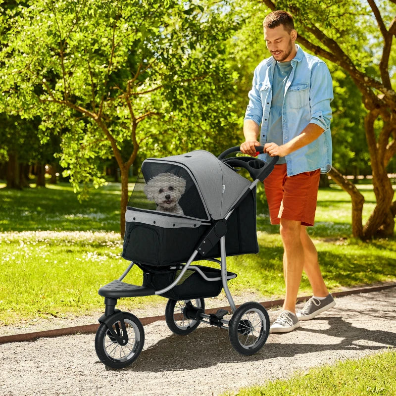 Small Dog Stroller, 3-Wheel Foldable Pet Stroller with Adjustable Canopy and Zippered Mesh Door for Pet Owners, Grey