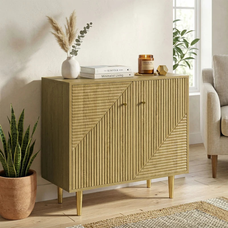 Sideboard with Adjustable Shelf, Buffet Cabinet with 2 Doors and Gold Steel Legs for Dining Room, Oak