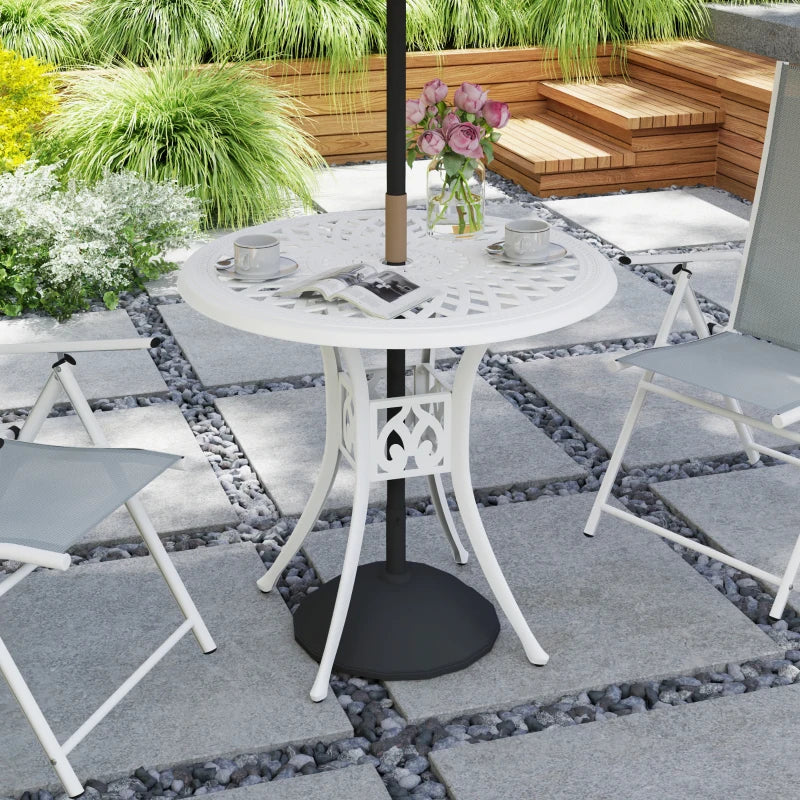 30-inch Round Patio Dining Table with Umbrella Hole Cast Aluminium Outdoor Bistro Table, White
