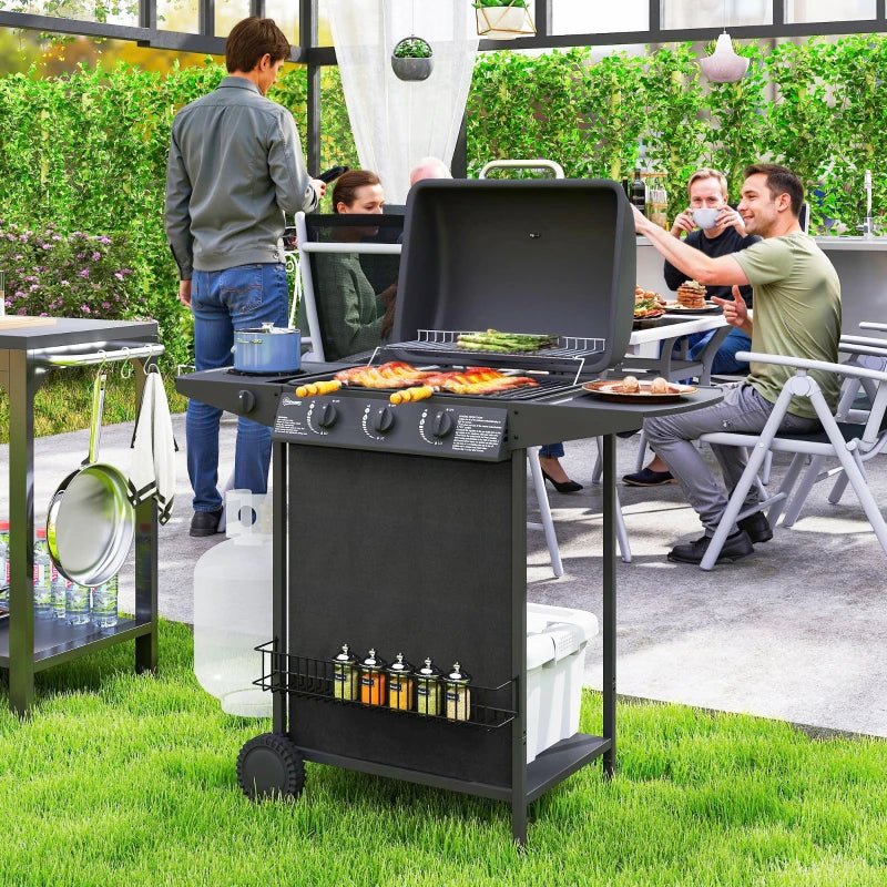 3+1 Burner Propane Gas BBQ Grill, Portable Gas Barbecue Grill with Side Burner, Thermometer, Lid, Side Table, Shelf, Spice Rack, Wheels, Grease Cup for Garden, Black
