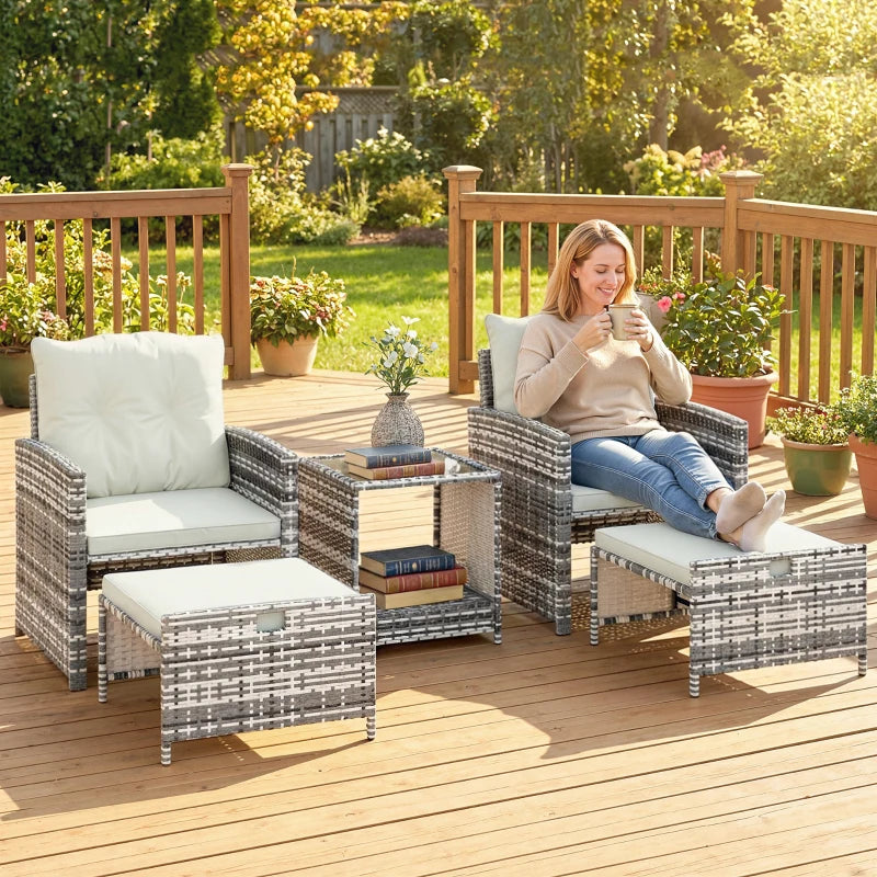 5 Piece Patio Furniture Set, Wicker Patio Chairs with Ottomans, 2-Tier Glass Coffee Table and Cushions, Grey/Cream White