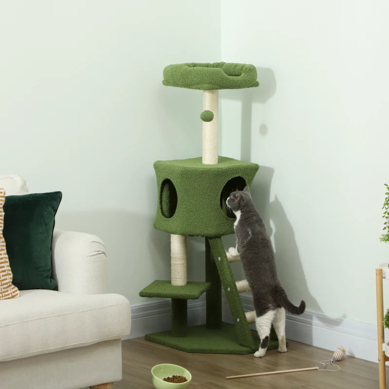 47" Tall Cat Tree Tower with Condo, Ladder, Scratching Posts and Hanging Ball, Green