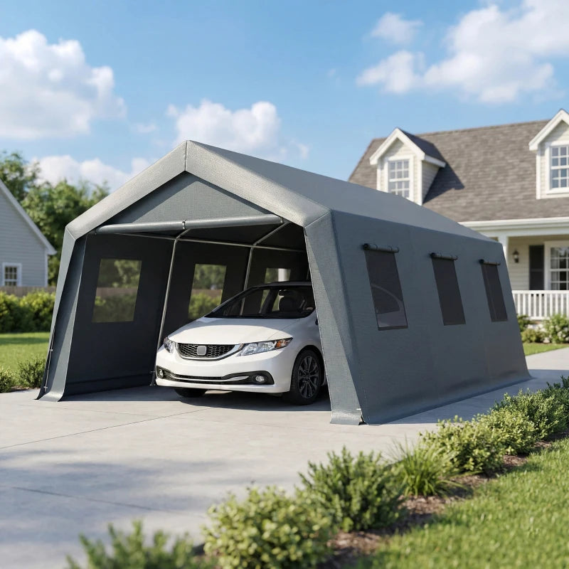 20 x 13 ft Carport, Portable Garage with Roll-Up Door and Windows, PE Canopy, Steel Frame, Dark Grey