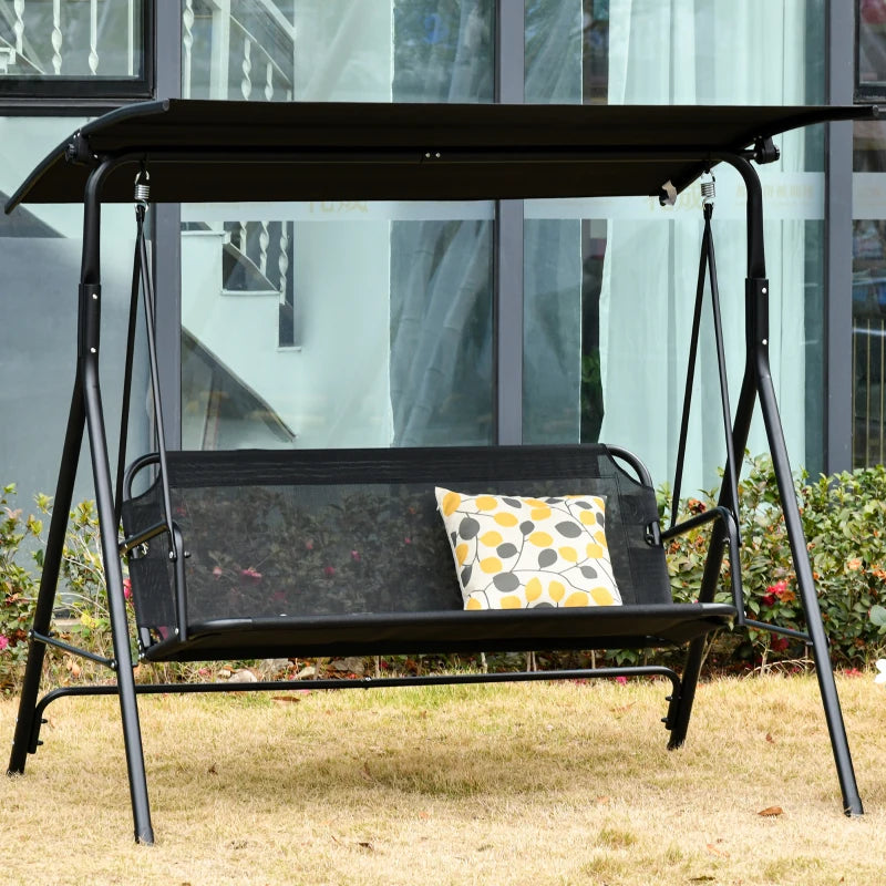2-Person Porch Swing Chair, 2 Seater Patio Swing Bench w/ Adjustable Canopy, Breathable Seat for Garden, Poolside, Black