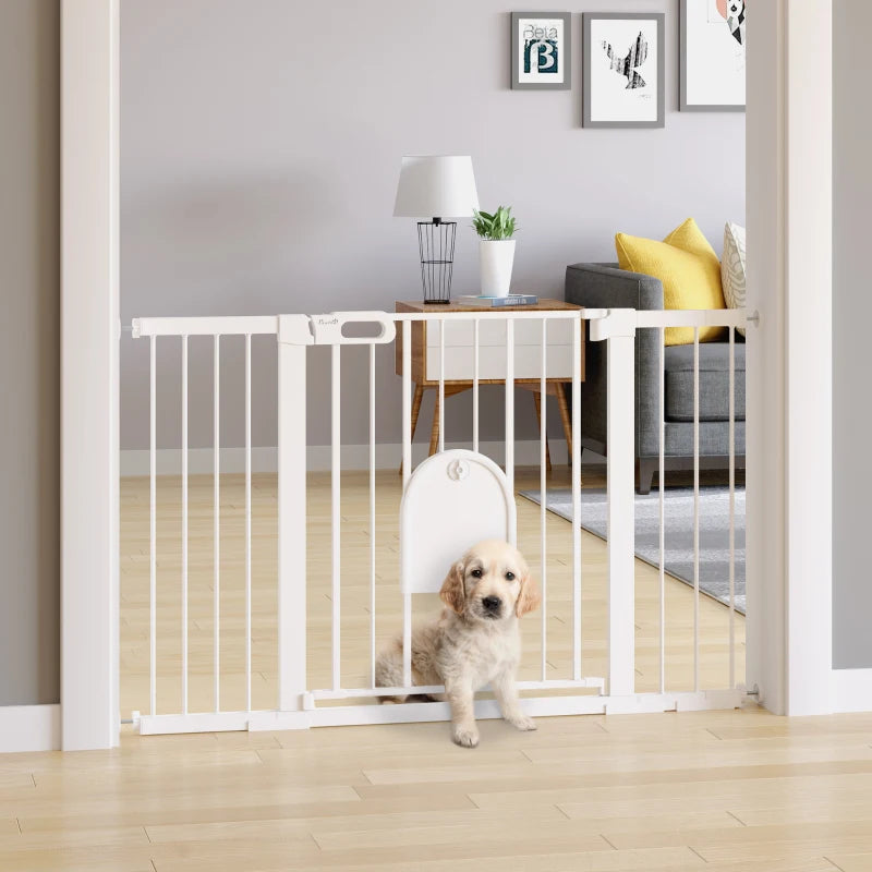 30"-52" Extra Wide Pet Gate Barrier with Small Door, 30"H Dog Gate with Safety Gate Barrier, Stair Pressure Fit, White