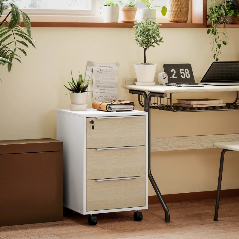 3 Drawer File Cabinet with Wheels, Vertical Filing Cabinet with Lock, Oak