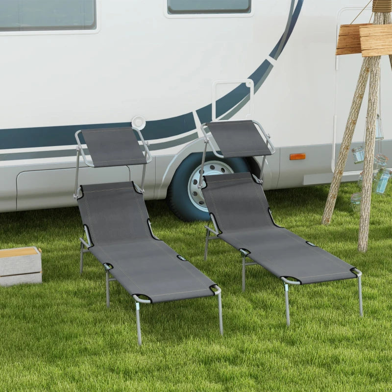 2Pcs Outdoor Lounge Chair, Adjustable Folding Chaise Lounge with Sun Shade for Beach, Camping, Hiking, Grey