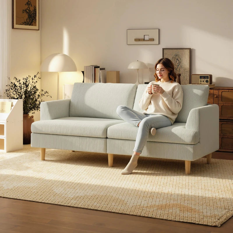 3 Seater Sofa, 74" Modern Corduroy Upholstered Couch with Thick Spring Cushions, Solid Wood Legs, Armrests, Beige