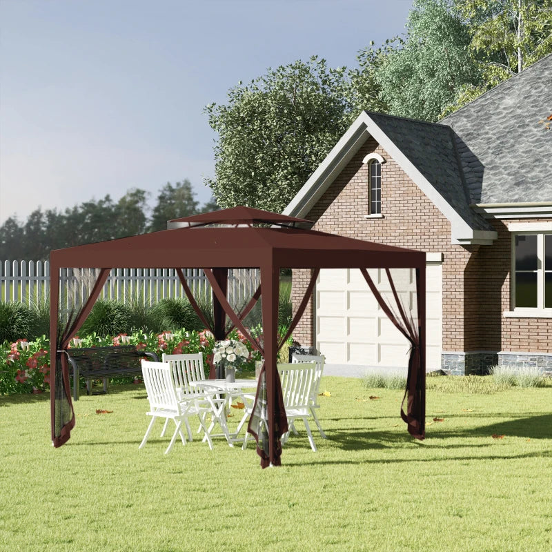 10' x 10' Outdoor Canopy Tent Party Tent with Mesh Netting and Double Tier Roof for Backyard, Garden, Patio, Brown
