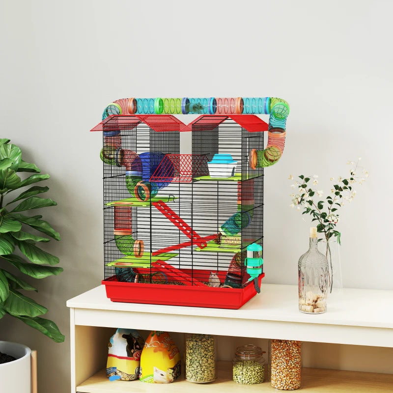 18.5" Hamster Cage, 5 Tiers Small Animal House with Tunnel Tube System, Exercise Wheel, Water Bottle, Red