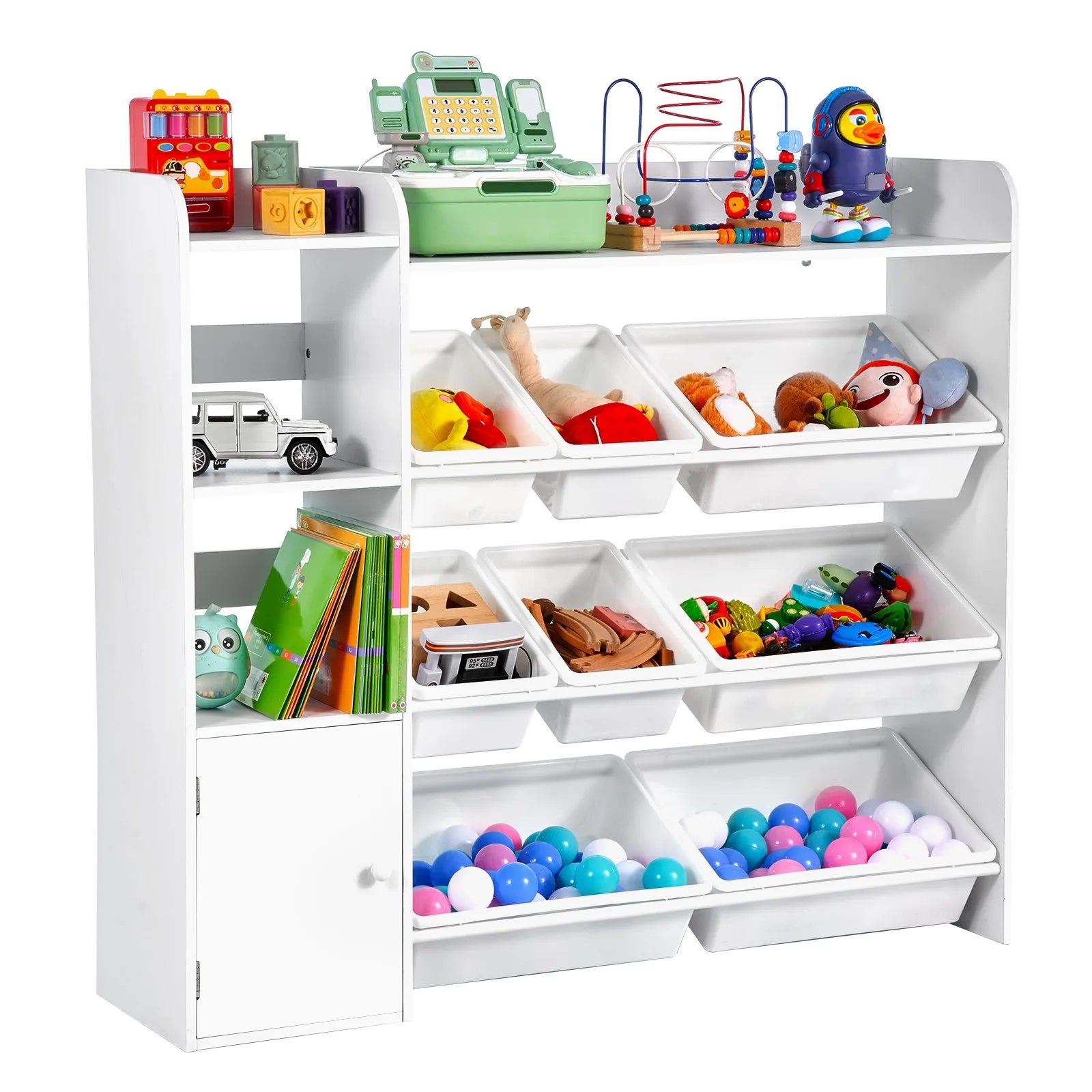 VEVOR 4-Tier Kids Toy Storage and Bookshelf with 8 Flexible Plastic Bins White