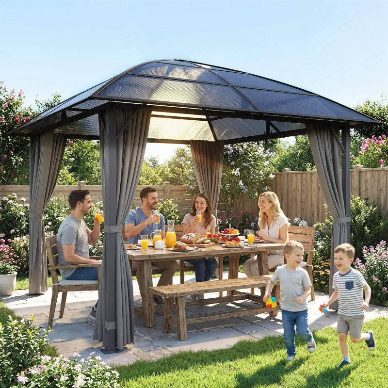 10' x 10' Outdoor Hardtop Gazebo Canopy with UV50+ Polycarbonate Roof, Steel Frame, Central Hook, Curtains, Light Grey