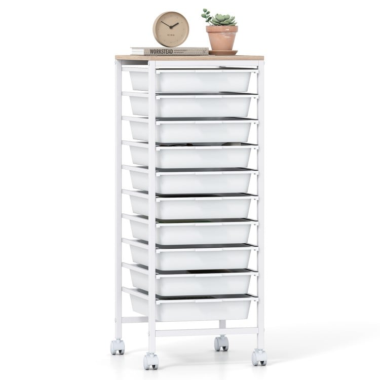 10-Drawer Rolling Storage Cart Mobile Utility Organizer with Wooden Tabletop and Lockable Wheels-White
