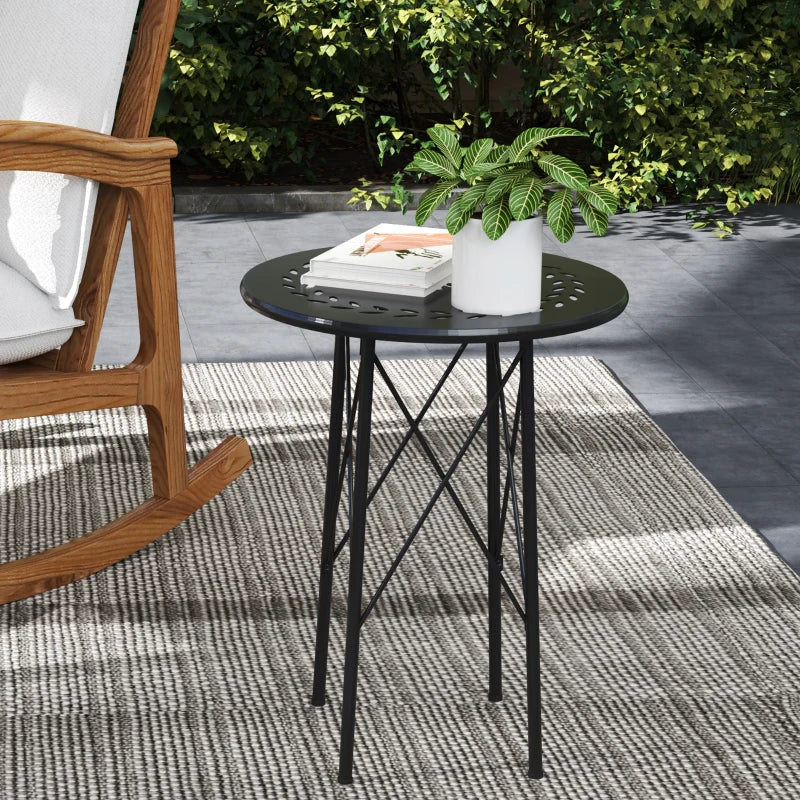 15.7" Round Garden Table with Floral Cut-Out, Steel Balcony Side Bistro Coffee Table with Adjustable Feet, Black