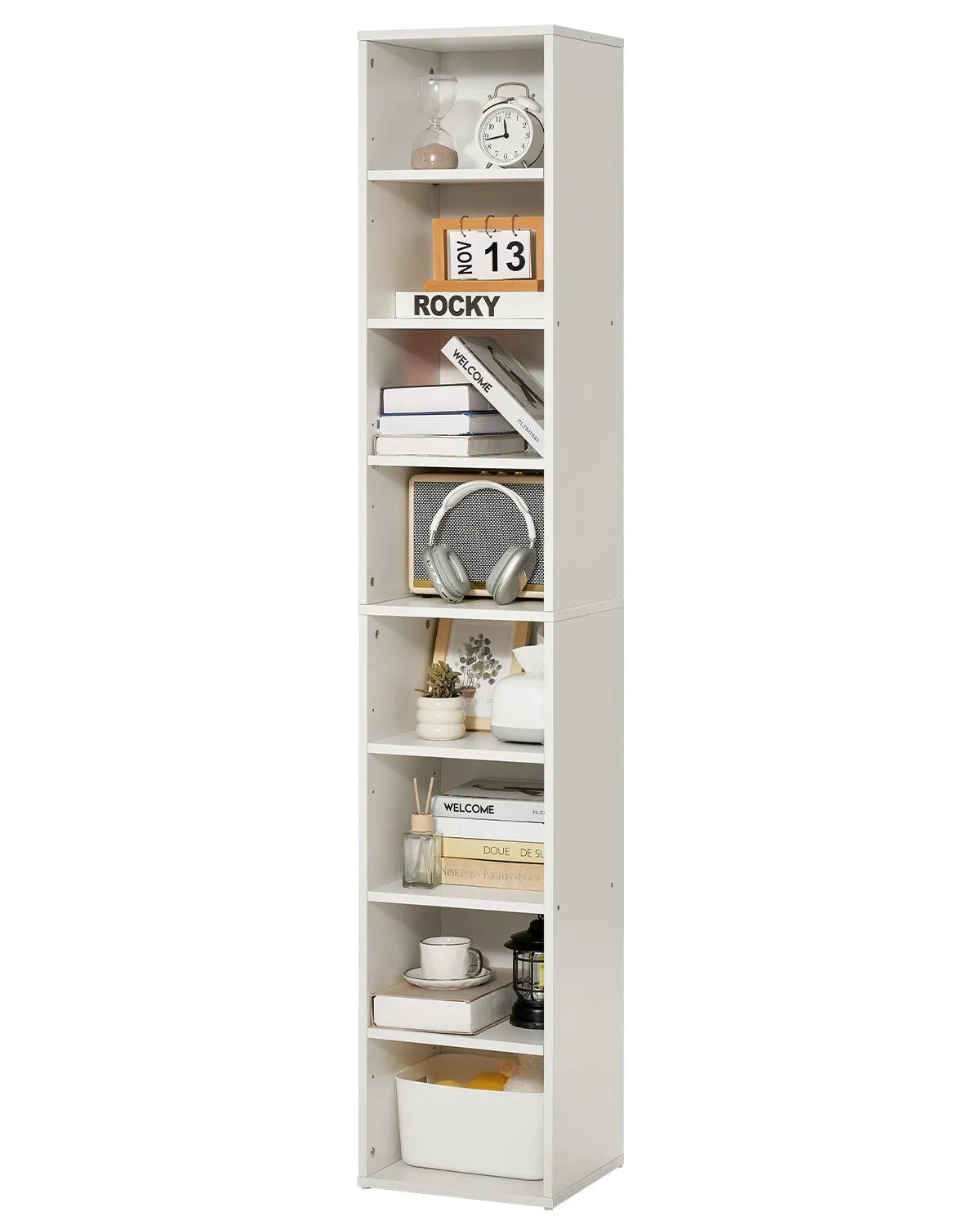 VEVOR 8 Tiers Narrow Bookshelf 71" Wooden Open Bookcase Adjustable Shelf White