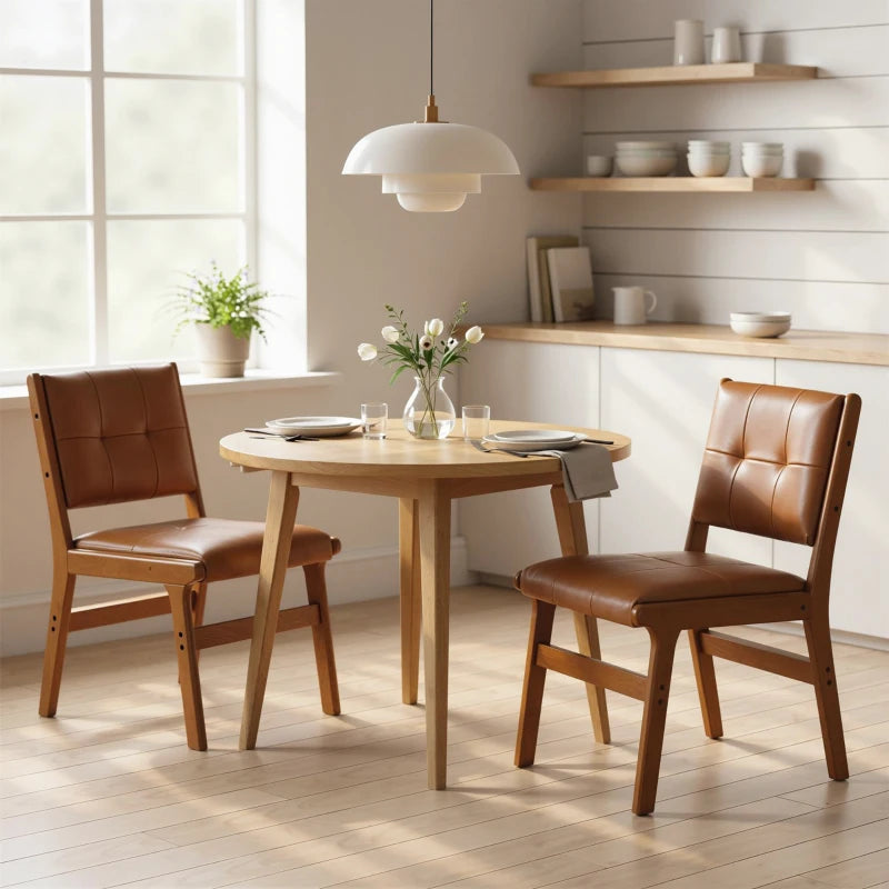 Set of 2 Kitchen Chairs, Button Tufted PU Leather Upholstered Dining Chairs with Rubberwood Legs for Dining Room, Brown