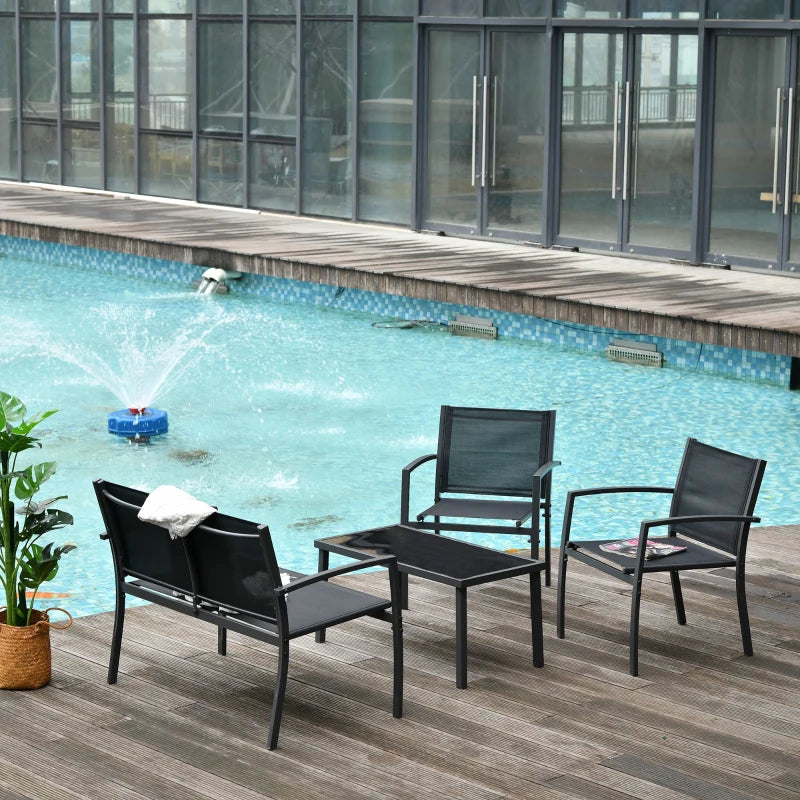 4-Piece Patio Furniture Set with Glass Top Coffee Table, Breathable Mesh Seat & Backrest for Garden, Balcony, Black