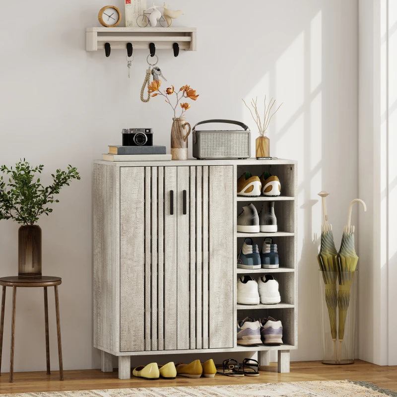 Shoe Storage with Double Doors and Open Shelves 17 Pair Shoe Storage Organizer for Entryway Hallway Light Grey