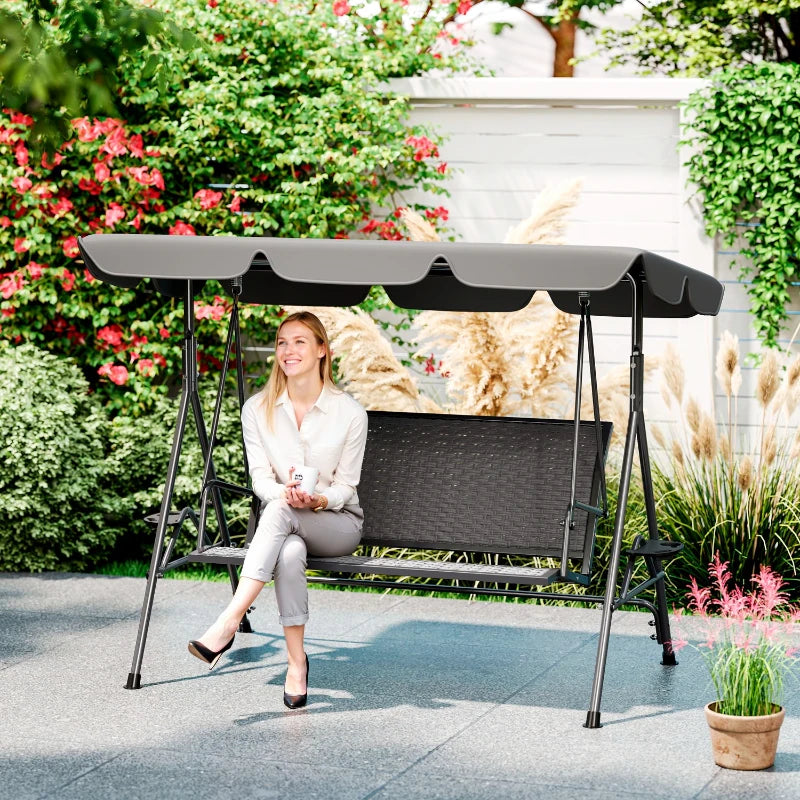 3-Seat Patio Swing Chair, Outdoor Canopy Swing Glider with Adjustable Shade, Grey