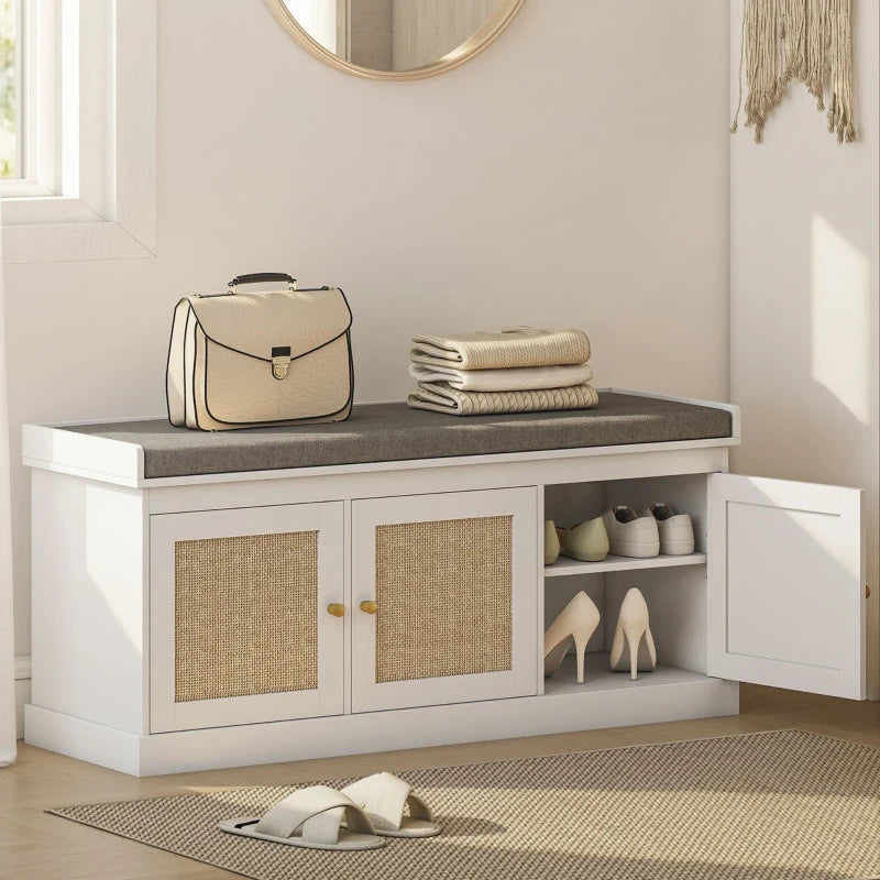 Shoe Storage Bench with Woven Rattan Doors, Shoe Bench with Cushion, Adjustable Shelves, Entryway Bench, White