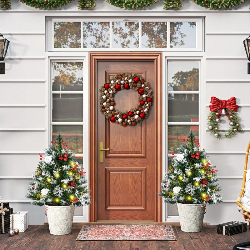 2 Foot/23 inch 2 Pack Prelit Artificial Christmas Tree Cordless with 70 Branches, Warm White LED lights, Red Berries, Pine Cones, Balls, for Outdoor Entryway, Green