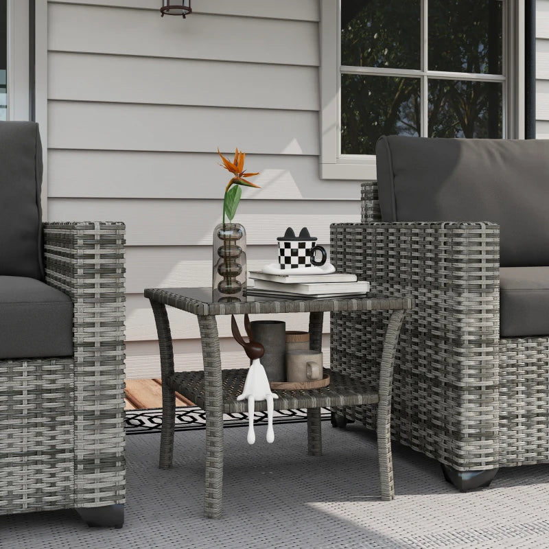 20" Patio Wicker Coffee Table, Outdoor PE Rattan Two-tier Side Table with Glass Top, for Patio, Garden, Balcony, Mixed Grey