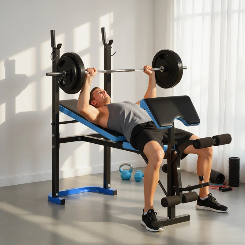 Soozier Adjustable Weight Bench with Barbell Rack and Leg Developer for Weight Lifting and Strength Training Multifunctional Workout Station for Home Gym Fitness, Black