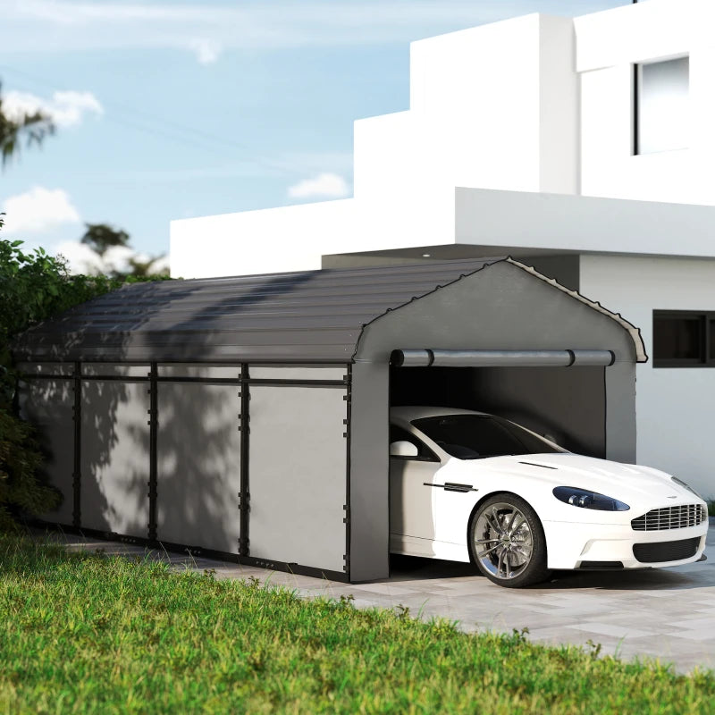 12' x 20' Metal Carport, Heavy Duty Garage Car Shelter with Galvanized Metal Roof and Removable Sidewalls, Light Grey