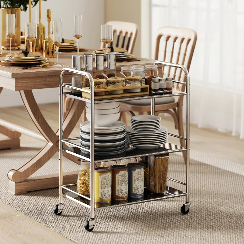 3 Tier Stainless Steel Rolling Cart with Adjustable Shelf, Utility Cart on Wheels with Handles for Kitchen, Silver