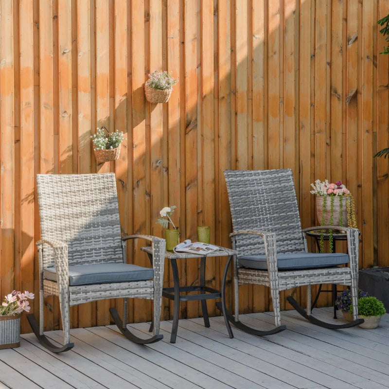 3 Pieces Patio Wicker Rocking Chair Set,  Outdoor PE Rattan Bistro Set Conversation Rocker Set with 2 Chairs 1 Coffee Table for Backyard, Deck, Poolside, Grey
