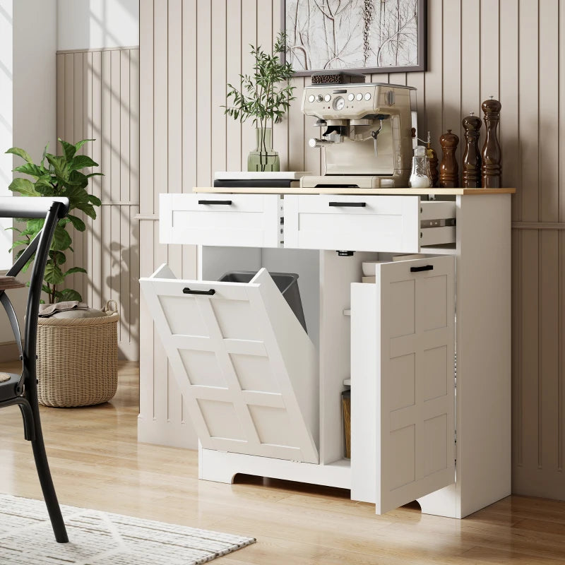 7 Gallon Tilt Out Garbage Cabinet, Kitchen Island with Trash Cabinet, 2 Drawers, Door Racks, Adjustable Shelves, White