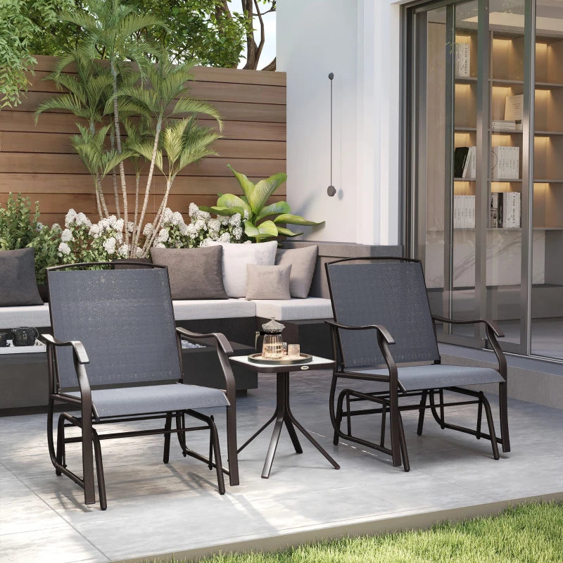 3 Piece Patio Glider Set Outdoor Gliders with Breathable Mesh Seat, Glass Top Table for Garden, Yard, Grey