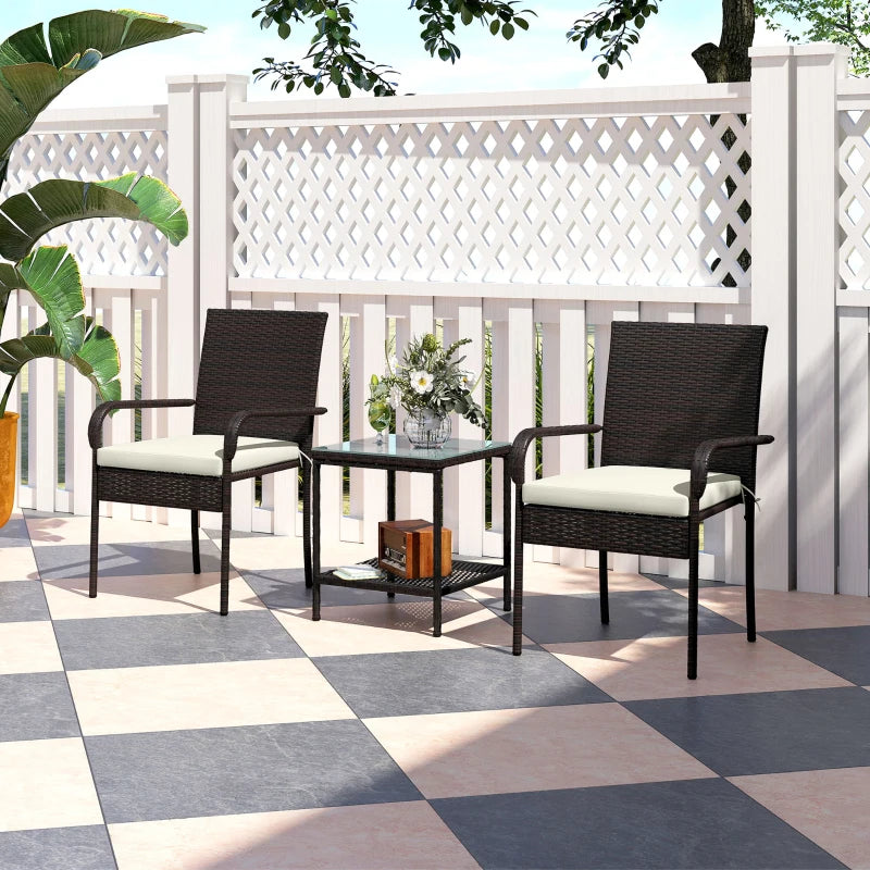 3 Piece Wicker Patio Furniture Set with Stackable Chairs, Washable Cushion, Tempered Glass Top, for Backyard, Brown