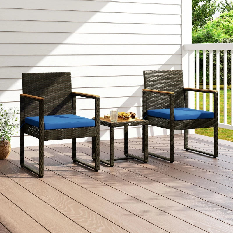 3 Pieces Wicker Patio Furniture Set, Rattan Bistro Set w/ Acacia Wood Table & Removable Cushions, Dark Blue