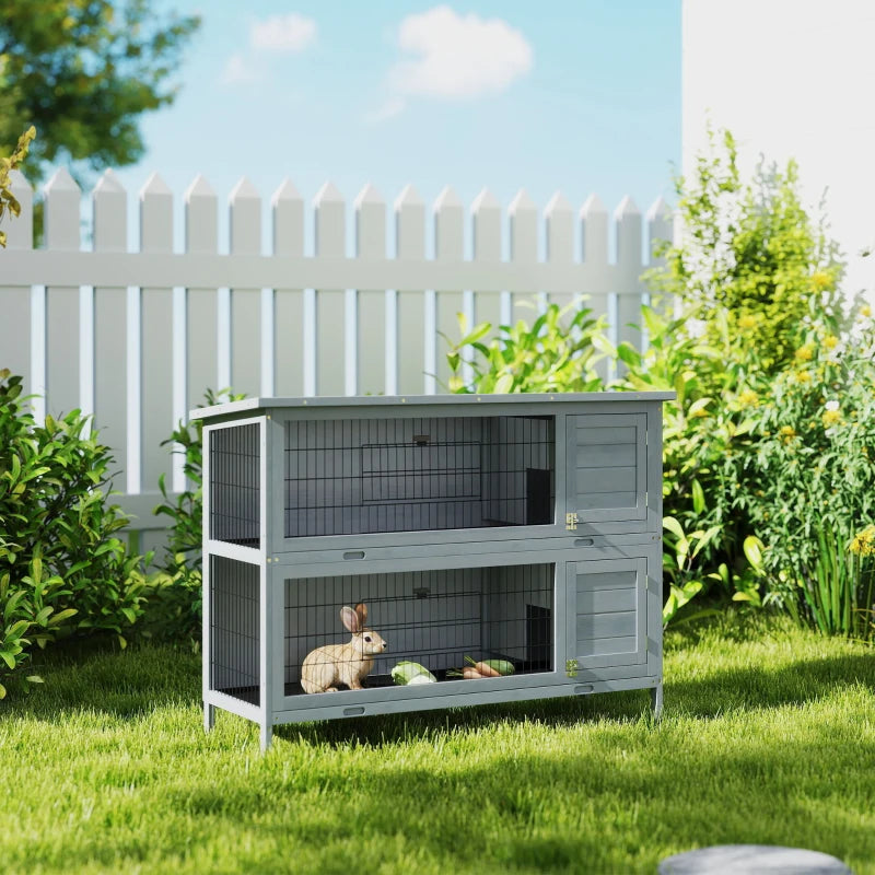 2 Tier Wooden Rabbit Hutch Bunny Pet House Wooden Coop Run, Grey