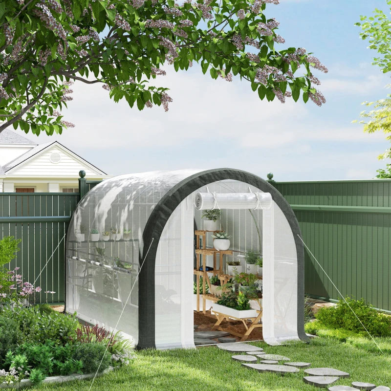 10'x6.6'x6.6' Upgraded Tunnel Greenhouse Green House with Mesh Door and Windows, 6 Plant Labels and Gloves, White