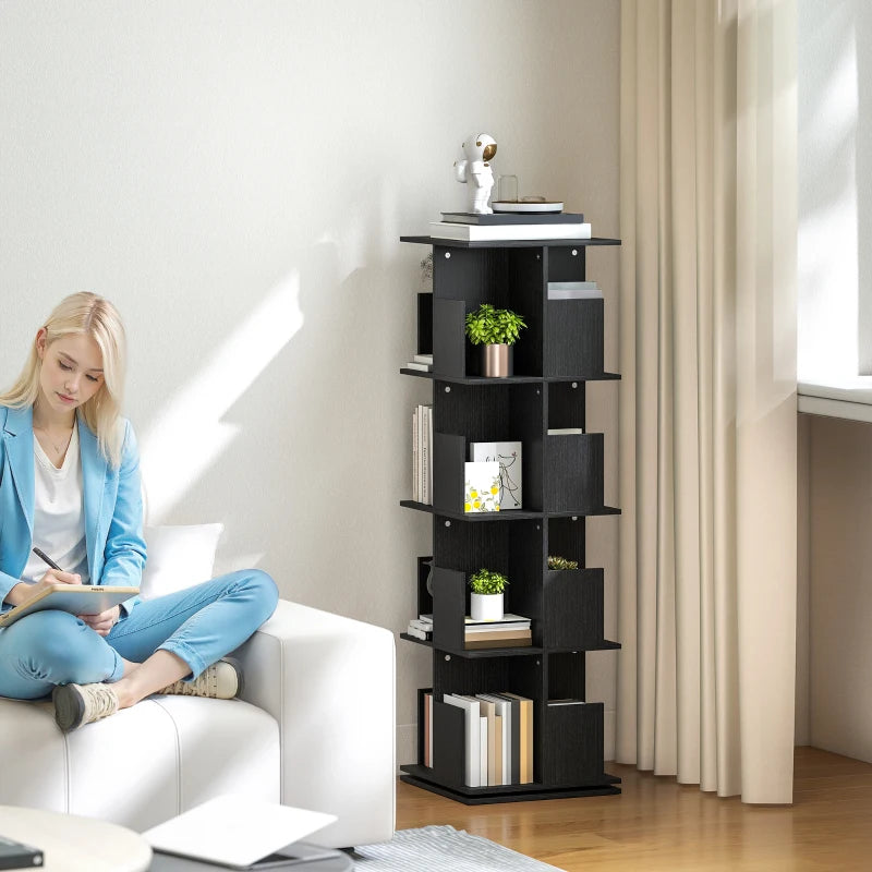 360° Rotating Bookcase with Anti-Tipping Straps, Anti-Slip Foot Pads, 4 Tier Bookshelf with 16 Cubbies for Books, Plants, Decorations, Black