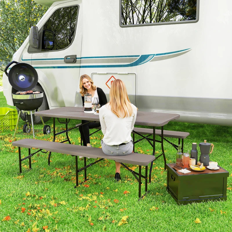 6FT 3PCS Faux Rattan Outdoor Camping Table Bench Set with Carrying Handles, Folding Picnic Table with 2 Benches, Brown