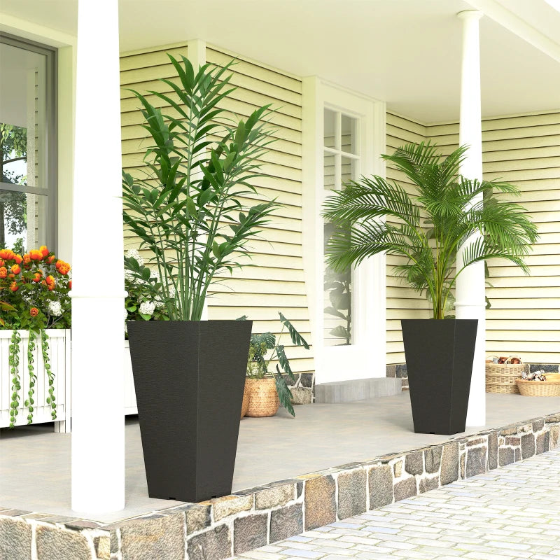 23" Tall Planters Set of 2, Indoor Outdoor Stackable Taper Planters with Marble Finish and Drainage Holes, Black