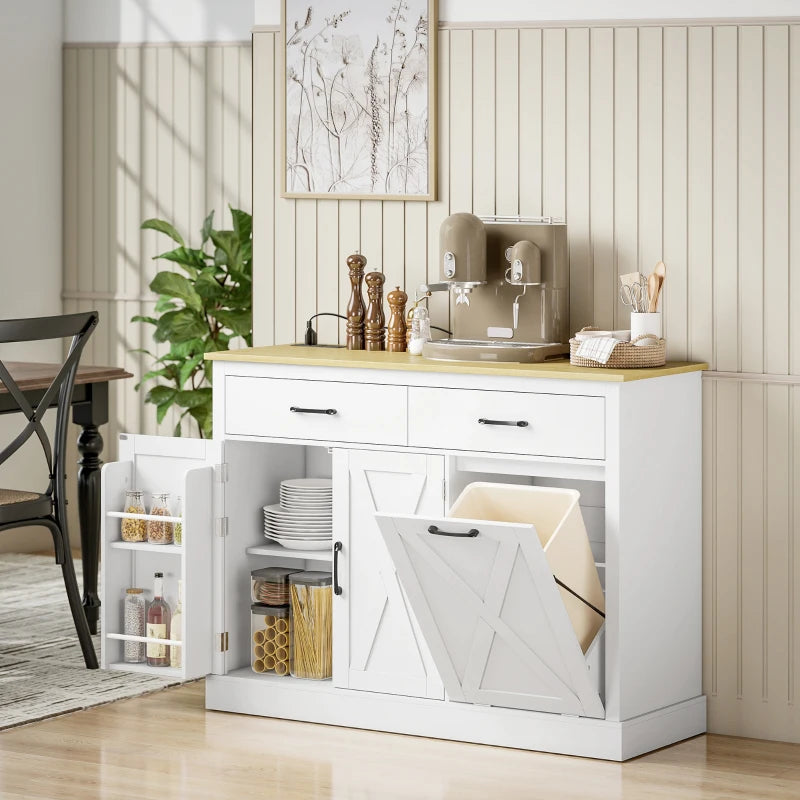 7 Gallon Tilt Out Garbage Cabinet, Kitchen Island with Charging Station, 2 Drawers, 4 Door Racks, White