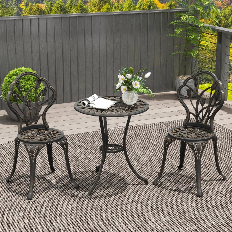 3PCs Patio Bistro Set, Outdoor Cast Aluminum Garden Table and Chairs with Umbrella Hole for Balcony, Bronze