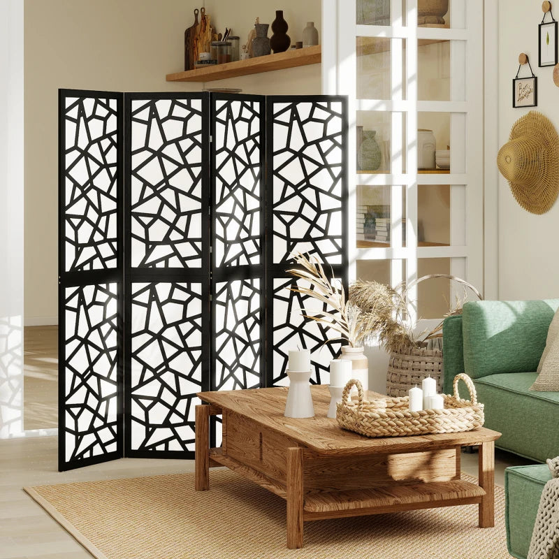 4 Panel Room Divider, 5.6 FT Lightweight Folding Privacy Screen with Geometric Pattern for Living Room, Bedroom, Black