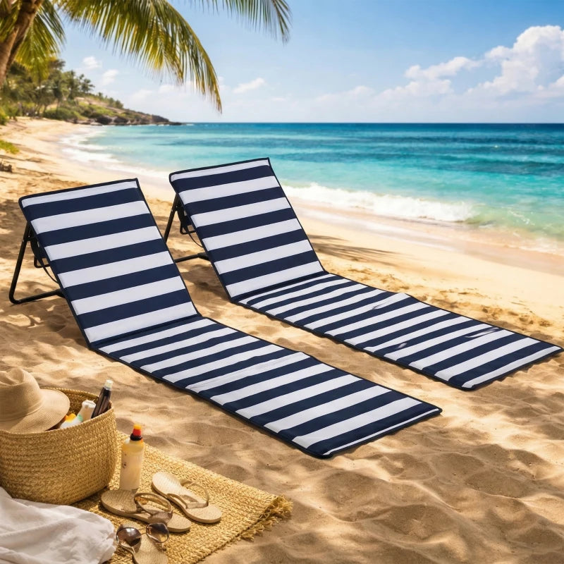 Set of 2 Foldable Lounge Chairs with Carry Bag, Adjustable Backrest, Blue and White