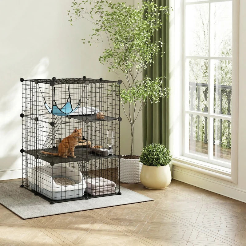 3 Tier Cat Cage Crate, DIY Pet Playpen with 3 Doors, Ladders, Hammock, Platforms, Indoor Playpen for Kittens, Black