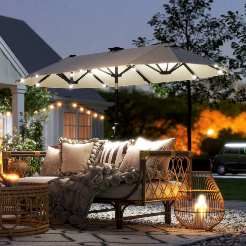 10ft Double-Sided Patio Umbrella with 35 LED Lights, 12 ribs, Extra Large Outdoor Parasol with Twin Canopy, Beige