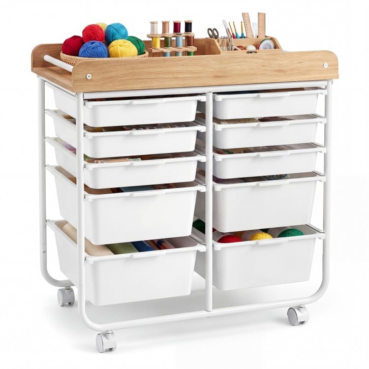10-Drawer Rolling Cart with Wooden Tabletop and Lockable Wheels for Office-White