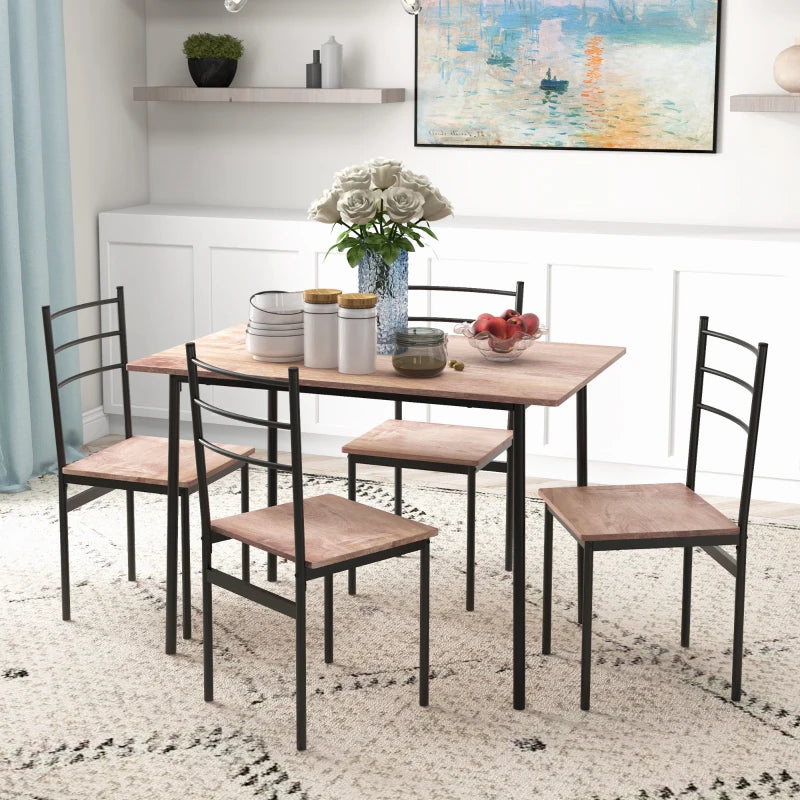 5 Piece Dining Table Set for 4, Space Saving Kitchen Table and 4 Chairs, Rectangle, Steel Frame for Dining Room, Oak