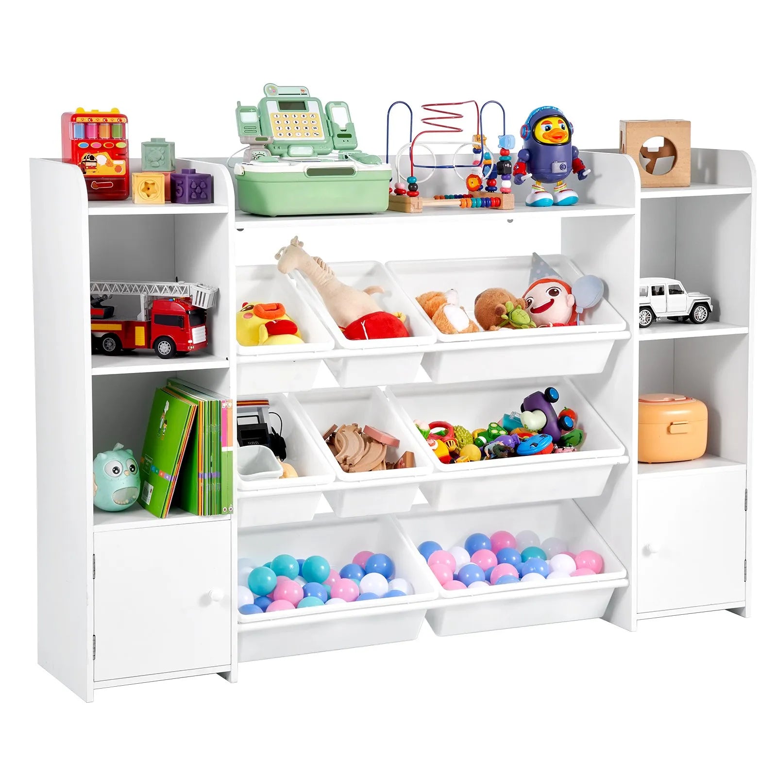 VEVOR 4-Tier Large Kids Toy Storage and Bookshelf with 8 Plastic Bins White